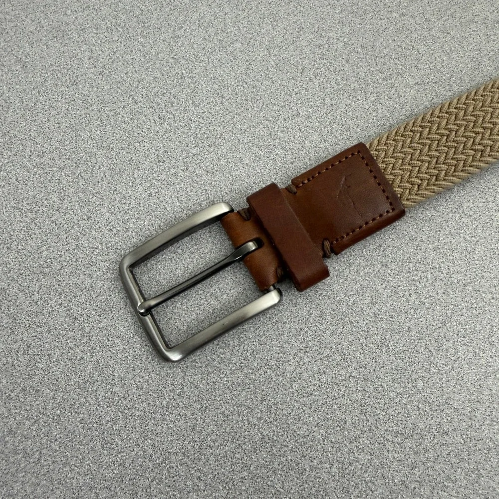 Tommy Bahama Elastic Belt Mens S/M Tan Silver Buckle Brown Leather Stretch 1.25